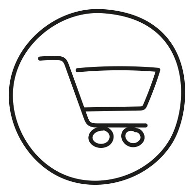 Ein schwarzes Symbol eines Einkaufswagens mit drei Rädern in einem ovalen Rahmen auf weißem Hintergrund.