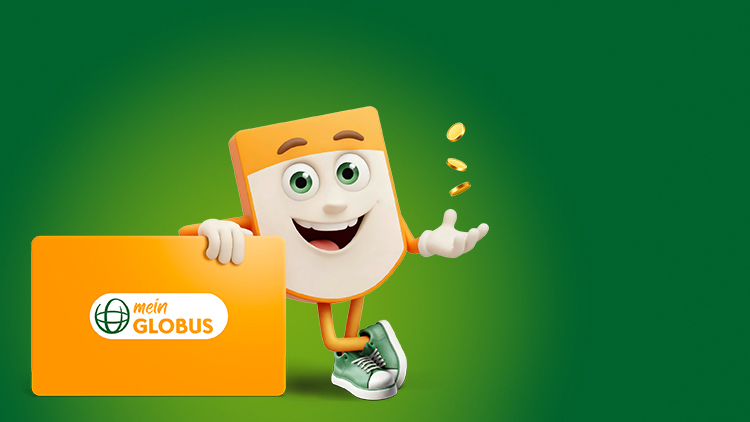 Figur hält die orange Karte mit meinem GLOBUS-Logo, wirft Münzen hoch und trägt grüne Turnschuhe vor grünem Hintergrund.