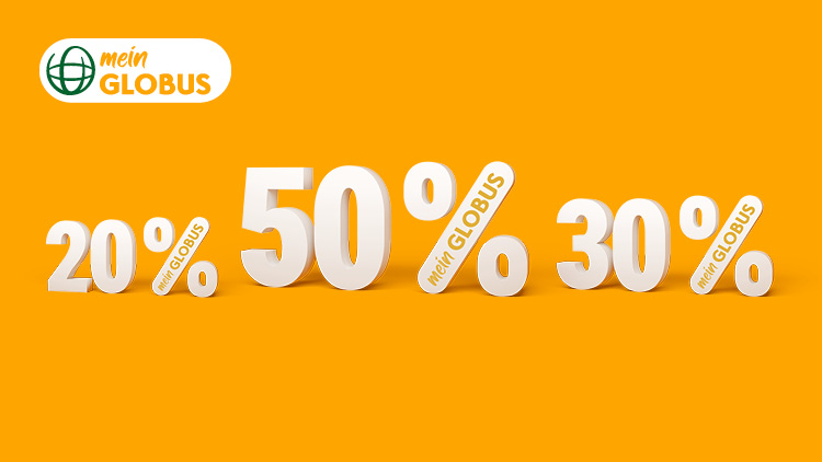 Weiße Prozentzahlen 20 %, 50 % und 30 % mit „mein GLOBUS“-Schriftzug auf orangenem Hintergrund, Logo von mein GLOBUS oben links.