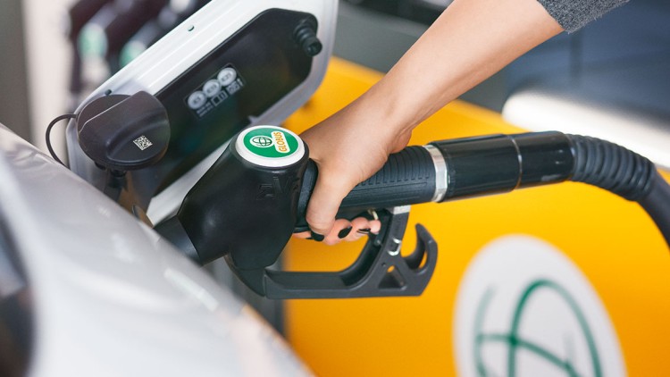 Eine Hand hält eine schwarze Zapfpistole mit grünem GLOBUS-Logo, die in ein weißes Auto getankt wird.