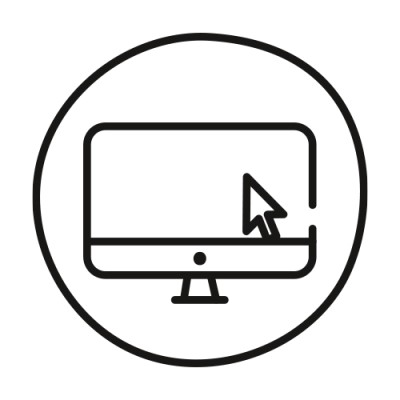Ein stilisiertes Symbol zeigt einen Computerbildschirm mit einem Pfeil, der teilweise eine Linie durchbricht.