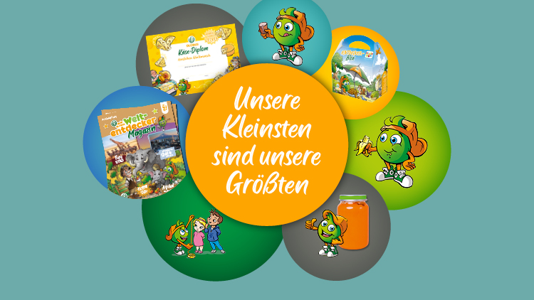 Mehrere bunte Kreise mit Globini, Kinderbuch und Text „Unsere Kleinsten sind unsere Größten“ auf türkisem Hintergrund.