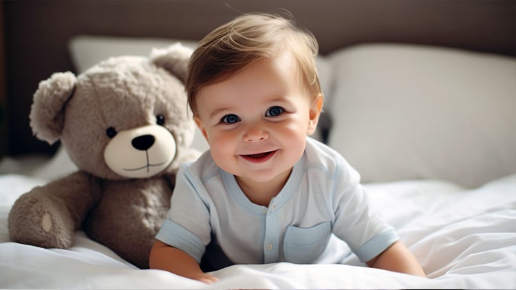 Kind in hellblauer Kleidung sitzt auf einem weißen Bett neben einem grauen Plüsch-Teddybär.