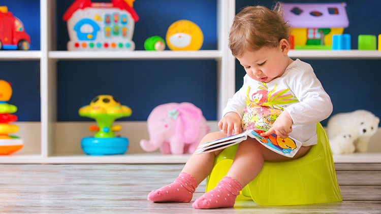 Ein Kleinkind sitzt auf einem grünen Töpfchen und betrachtet ein aufgeschlagenes Bilderbuch, im Hintergrund bunte Spielsachen.