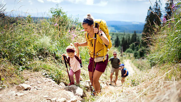 Personen wandern auf einem schmalen Pfad durch eine grüne Landschaft mit steilem Gelände und blühenden Pflanzen.