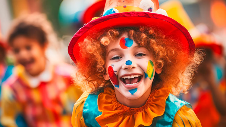 Kinder in bunten Clownskostümen mit Hüten stehen vor einem farbenfrohen, unscharfen Hintergrund.