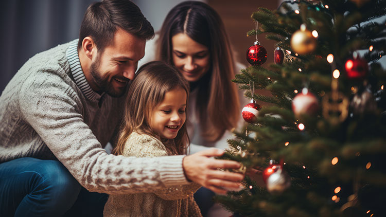 Personen sitzen gemeinsam vor einem festlich geschmückten Weihnachtsbaum mit roten und goldenen Kugeln sowie Lichtern.