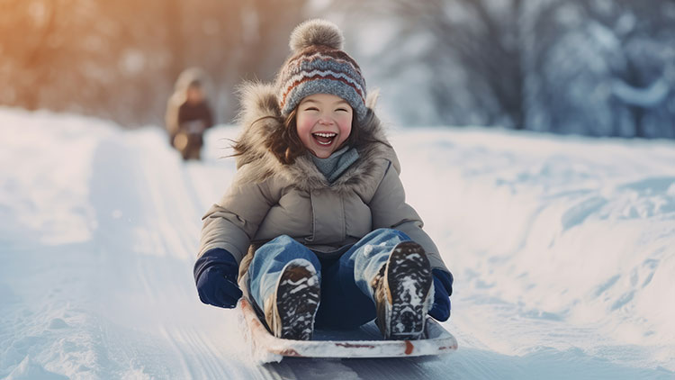 Eine Person sitzt auf einem Holzschlitten und fährt einen schneebedeckten Hang hinunter, umgeben von Winterlandschaft.