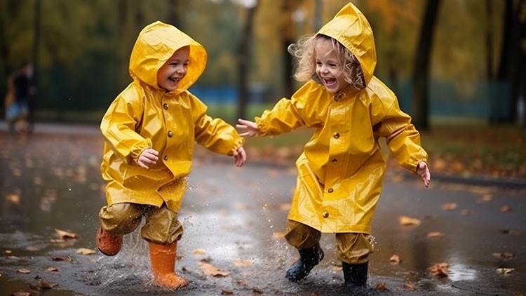 Zwei Kinder in gelben Regenmänteln springen durch eine Pfütze, umgeben von herbstlichen Bäumen und fallendem Laub.