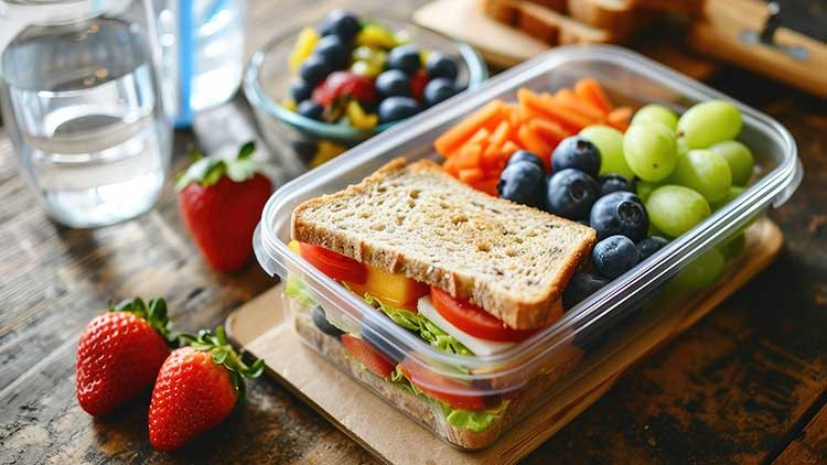 Ein belegtes Sandwich mit Gemüse, Blaubeeren, Weintrauben, Karottensticks und Erdbeeren in einer Lunchbox auf einem Holzuntergrund.