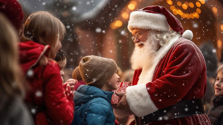 Eine Person in Weihnachtsmannkostüm überreicht draußen einem Kind ein Geschenk, umgeben von weiteren Kindern und Schneefall.