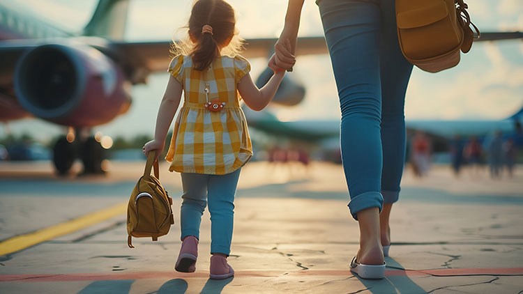 Eine Person und ein Kind mit gelben Rucksäcken gehen auf einem Flughafen-Vorfeld in Richtung Flugzeuge bei Sonnenuntergang.