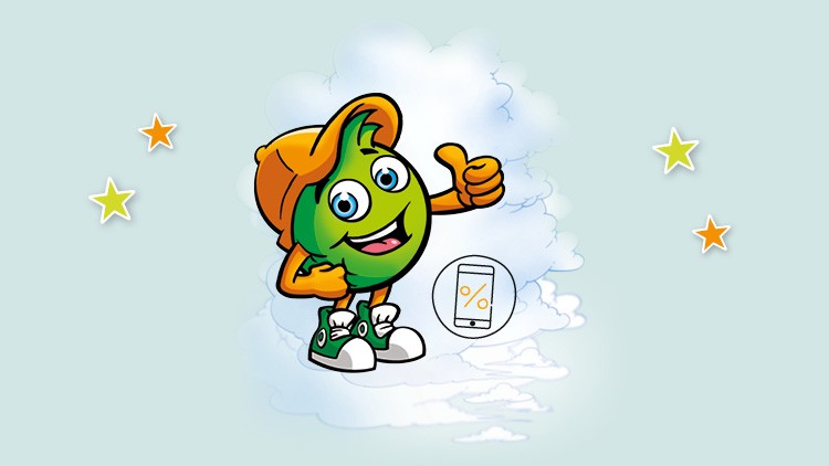 Globini mit orangefarbener Basecap zeigt Daumen hoch, trägt Turnschuhe, daneben ein Smartphone-Symbol mit Prozentzeichen.