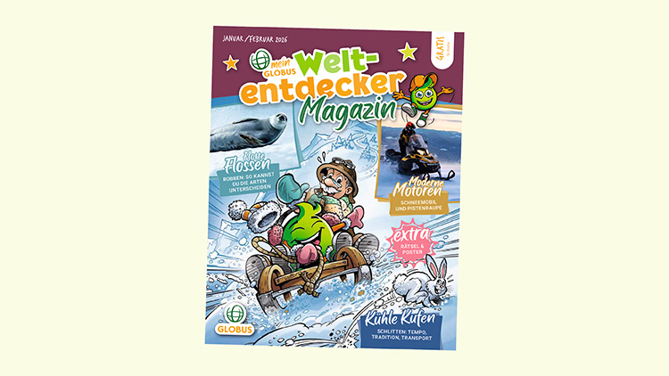 Das „mein GLOBUS Weltentdecker Magazin“ zeigt Globini auf einem Schlitten mit Wintermotiven und dem Titel „Januar/Februar 2016“.