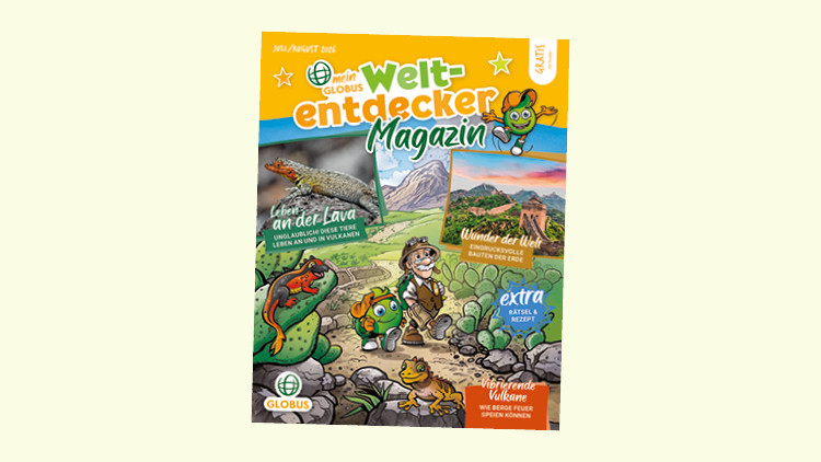 Buntes Cover des „mein GLOBUS Weltentdecker Magazin“ mit Globini, einem Vulkan und Tieren, Text zu Vulkanen und Rätseln.