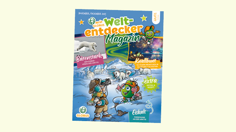 Titelseite des „mein GLOBUS Welt-Entdecker Magazin“ mit Globini, Eisbären, Feuerwerk und Texten zu Themen der Arktis und Silvester.