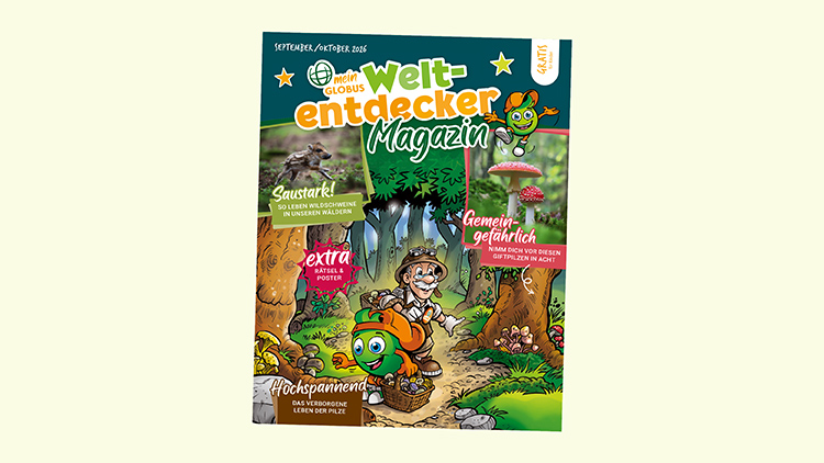 Titelblatt des „mein GLOBUS Weltentdecker Magazin“ mit Globini, Professor Globus, Waldbäumen und farbigem Text zu verschiedenen Themen.
