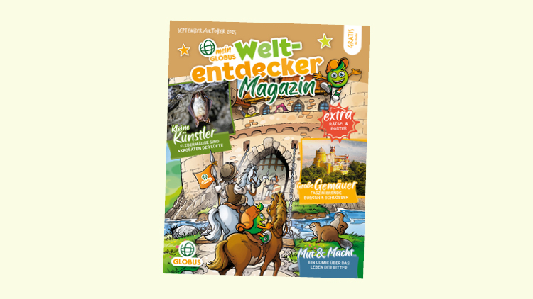 Cover des mein GLOBUS Weltentdecker Magazin mit Globini auf einem Pferd vor einer mittelalterlichen Burg und Textblöcken.