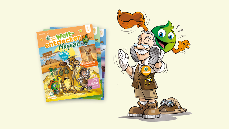 Professor Globus trägt Safari-Kleidung, Globini springt fröhlich auf seine Schultern, daneben liegen drei Hefte vom Weltentdecker-Magazin.