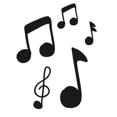 Schwarze Musiknoten und ein Notenschlüssel auf weißem Hintergrund.