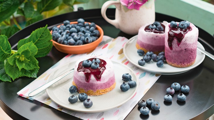 Zwei Teller mit Schichtdesserts aus Beeren und Keksboden, dekoriert mit Blaubeeren, umgeben von Hortensien und einer Schale Blaubeeren.