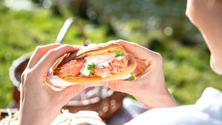 Eine Person hält ein Sandwich mit Lachs, Salat und Sauce in beiden Händen, im Hintergrund ein Fluss und grüne Wiese.