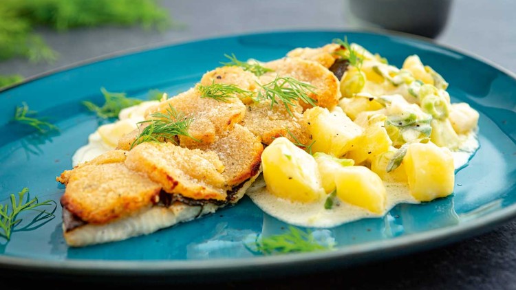 Panierter Fisch mit Dillzweigen auf blauer Platte, daneben Kartoffeln in heller Soße mit grünen Kräutern angerichtet.