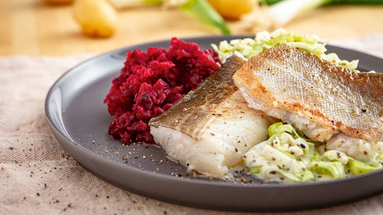 Gebratenes Fischfilet mit Haut auf einem Bett aus Spitzkohl und Senfsauce, dazu rote Bete als Beilage auf einem grauen Teller.