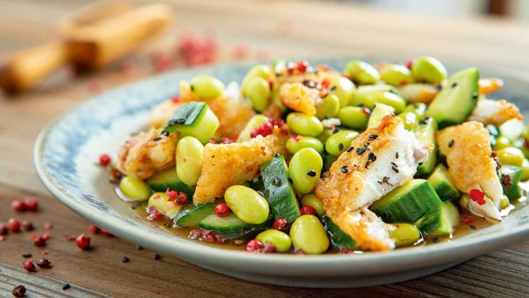 Ein Teller mit gebratenem Fisch, Edamame, Gurkenstücken, schwarzem Sesam, rosa Beeren und einer hellen Sauce.