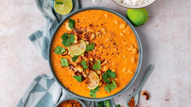 Grauer Teller mit rotem Curry, Cashewkernen, Limettenscheiben und Koriander neben weißem Reis, Gewürz und frischem Koriander.