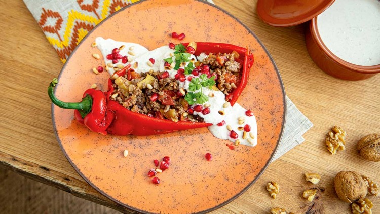 Rote Paprika mit Hackfleischfüllung, Joghurtsoße, Granatapfelkernen, Pinienkernen und Kräuterdekoration auf einem orangenen Teller.