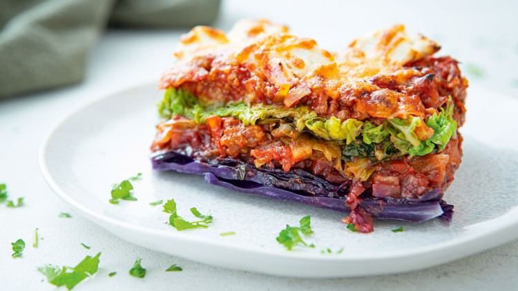 Ein Stück geschichtete Gemüse-Lasagne mit Rotkohl, grünem Salat, Tomatensoße und überbackenem Käse auf weißem Teller.