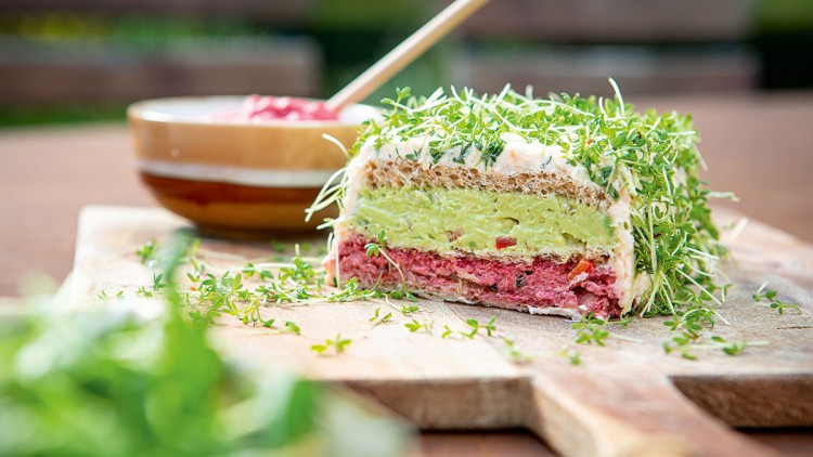 Ein mehrschichtiger Brotaufstrich-Kuchen mit rotem und grünem Belag, umhüllt von Kresse, liegt auf einem Holzbrett.
