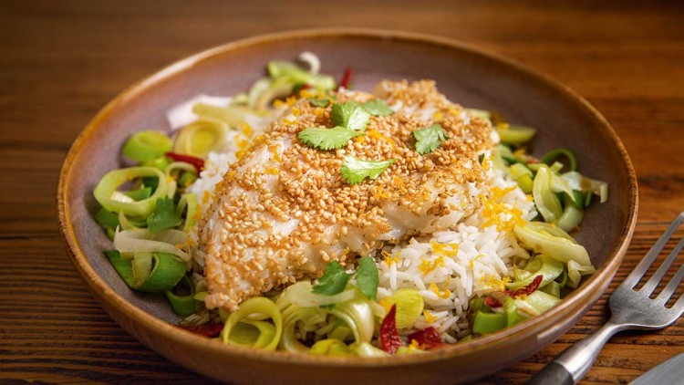 Ein Teller mit Sesam-überzogenem Fischfilet auf Reis, Lauch, roten Chilistreifen und frischen Kräutern.