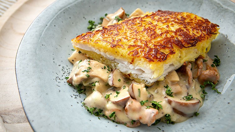 Knuspriges Rösti auf Rahmsoße mit frischen Pilzen und gehackter Petersilie auf einem grauen Teller angerichtet.