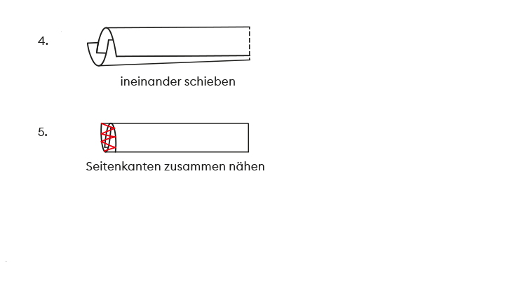 Skizze zeigt Schritt 4 und 5 einer Anleitung, dabei Text: „ineinander schieben“, „Seitenkanten zusammen nähen“ und rote Linien.