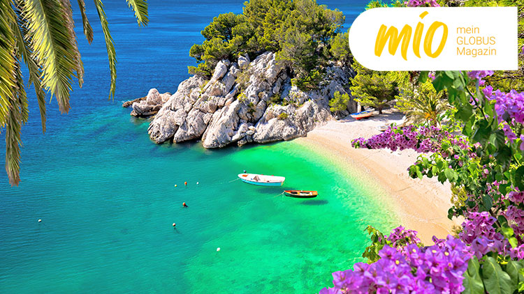 Türkisblaues Meer, Strand mit Felsen, kleinen Booten und lila Blüten, oben rechts Schriftzug mio mein GLOBUS Magazin.