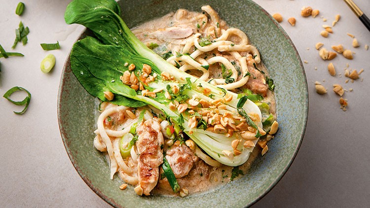 Grüne Schale mit Udon-Nudeln, Pak Choi, gebratenem Hähnchen, gehackten Erdnüssen und frischen Kräutern auf hellem Untergrund.