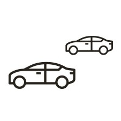 Zwei schematische Autos als Umrisszeichnung, das eine vorne links und größer, das andere hinten rechts und kleiner.