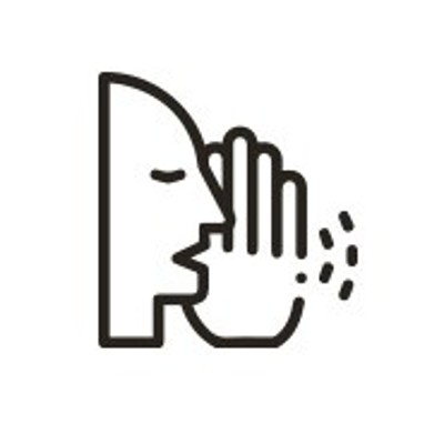 Schwarzes Icon mit Gesicht im Profil links, Hand vor dem Mund und drei kleine Punkte symbolisch für Flüstern oder Sprache.