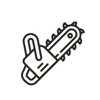 Schwarz-weiß Zeichnung einer Motorsäge mit Sägekette und Griff, stilisiertes Symbol auf weißem Hintergrund.