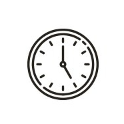 Schwarze, minimalistische Zeichnung einer analogen Uhr mit Zeigern auf 10 Uhr und 10 Minuten, umgeben von weißem Hintergrund.