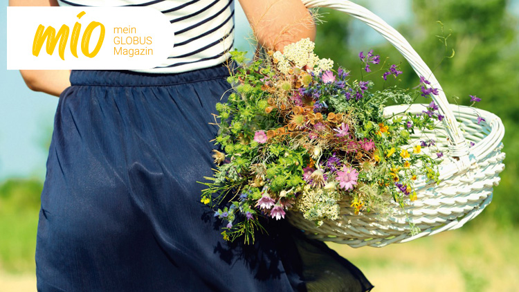 Eine Person trägt einen weißen Korb mit bunten Wiesenblumen, Schriftzug mio mein GLOBUS Magazin oben links.