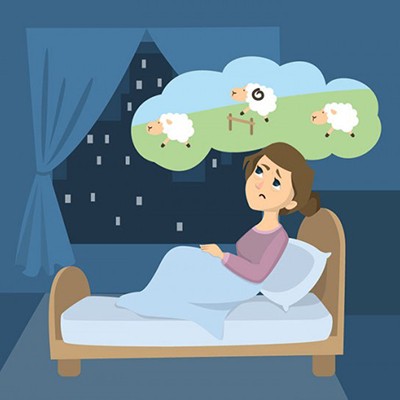 Illustration schlaflose Frau beim Schafe zählen