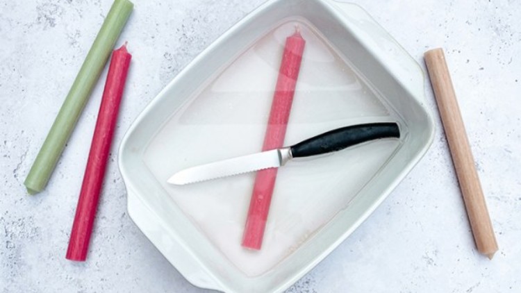 Ein Messer mit schwarzem Griff liegt in einer weißen Schale mit Wasser neben einem roten Rhabarberstängel.