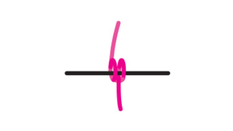 Ein schwarzer horizontaler Strich mit einer pinken Schleife, die durch den Strich gezogen ist, und einem pinken, nach oben zeigenden Bogen.