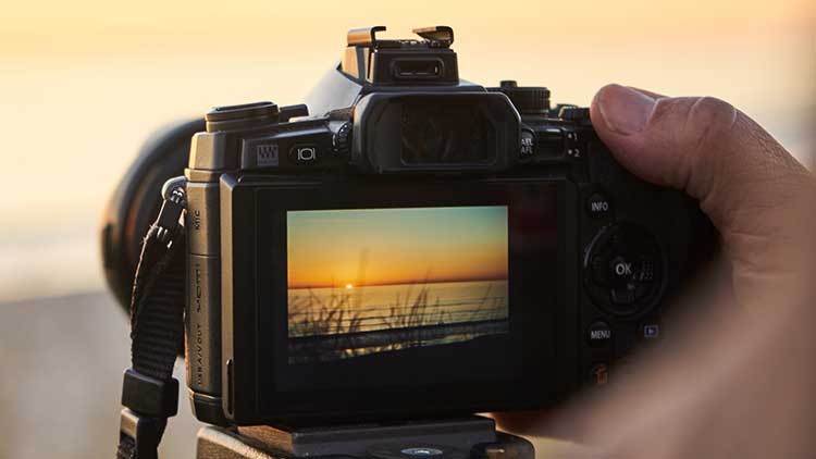 Digitalkamera, auf dem Display ist eine Landschaft zu sehen