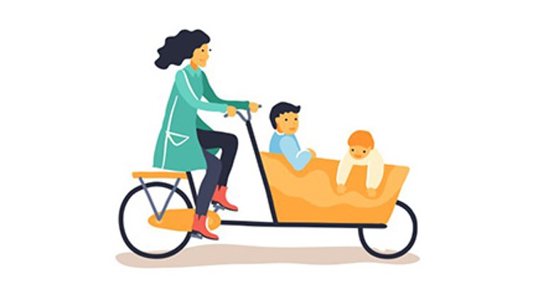 Illustration einer Frau mit Kindern im Fahrradanhänger