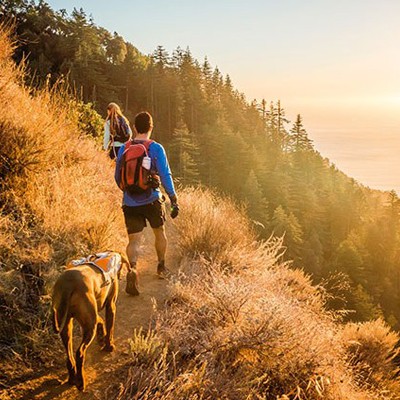 Paar mit Hund wandert durch die Berge