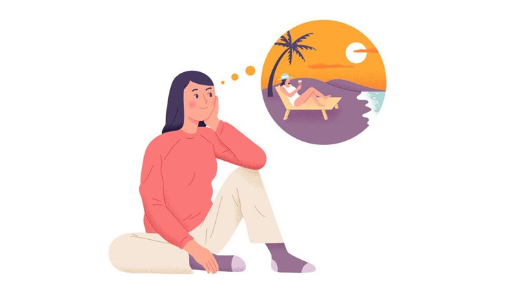 Illustration: Frau denkt an Urlaub